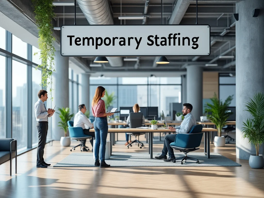 Modern office with people working under a 'Temporary Staffing' sign, featuring large windows and indoor plants. Modern office with people working under a 'Temporary Staffing' sign, featuring large windows and indoor plants.