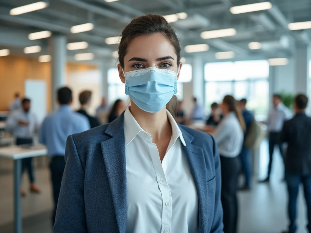 Professional woman in office setting wearing a face mask, with colleagues in the background. Professional woman in office setting wearing a face mask, with colleagues in the background.